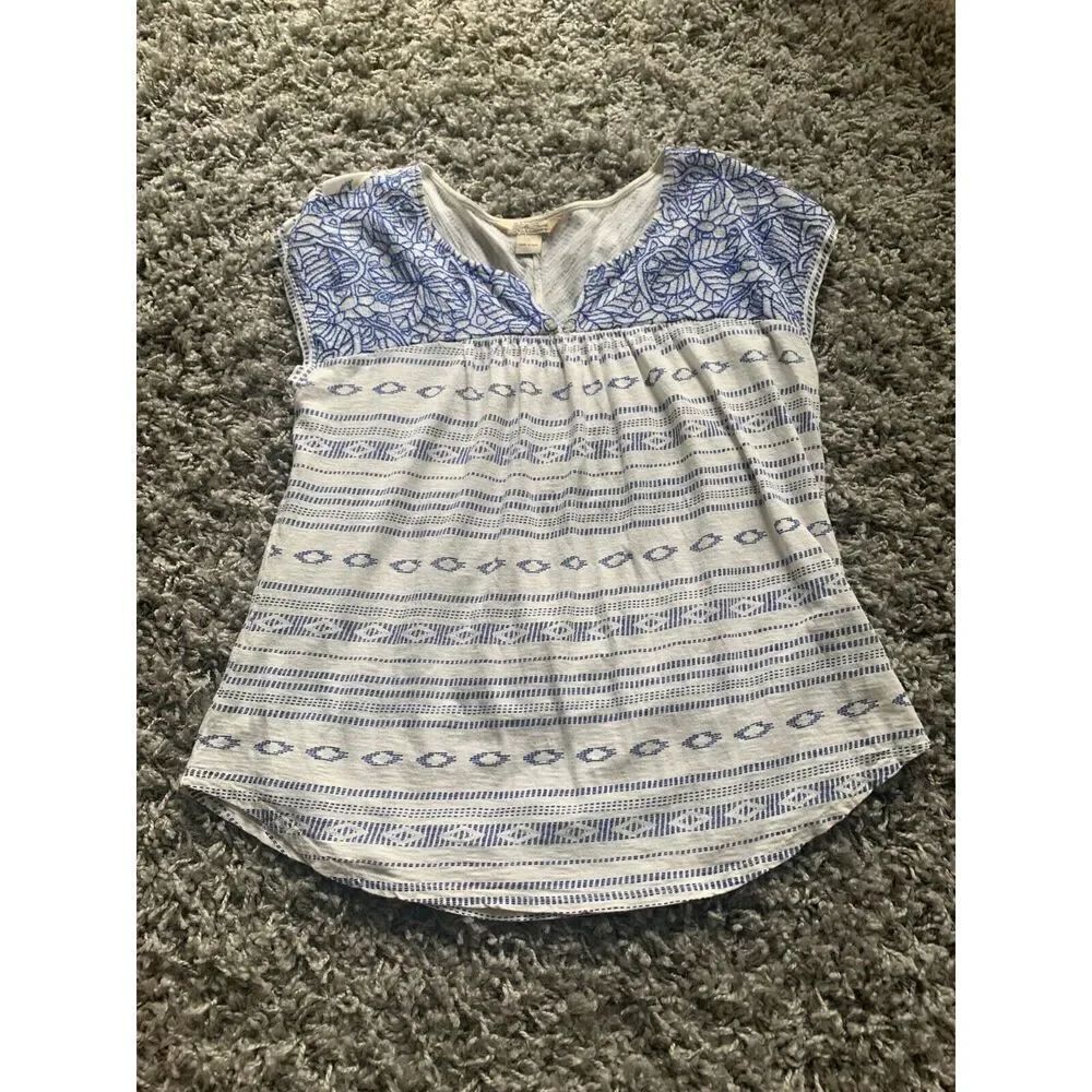 Lucky Brand blue white EMBROIDERED Boho CAP SLEEVE TUNIC SHIRT TOP sz L